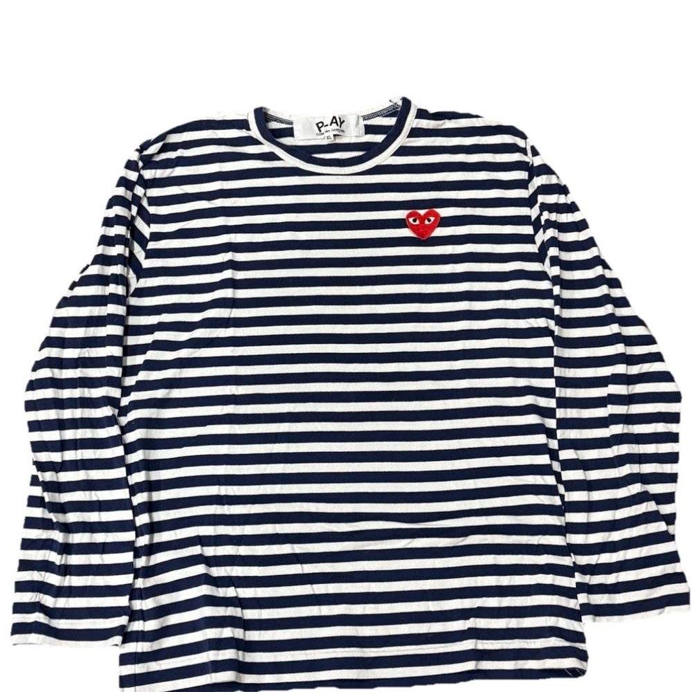 Comme Des Garcons Play Navy White Long Sleeve Heart Logo Stripe Women’s Shirt XL